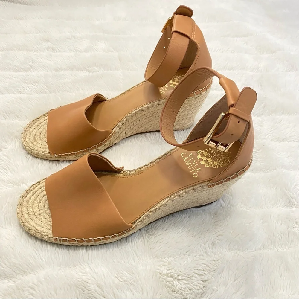 Vince Camuto Tan Leather Espadrille Wedge Sandals Size 9.5